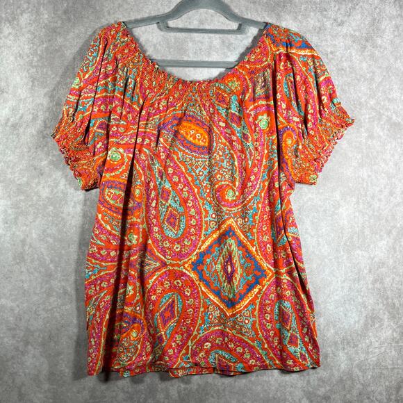 Lauren Ralph Lauren Blouse Womens‎ 1X Orange Paisley Short Sleeve Smocked Boho - Picture 5 of 9